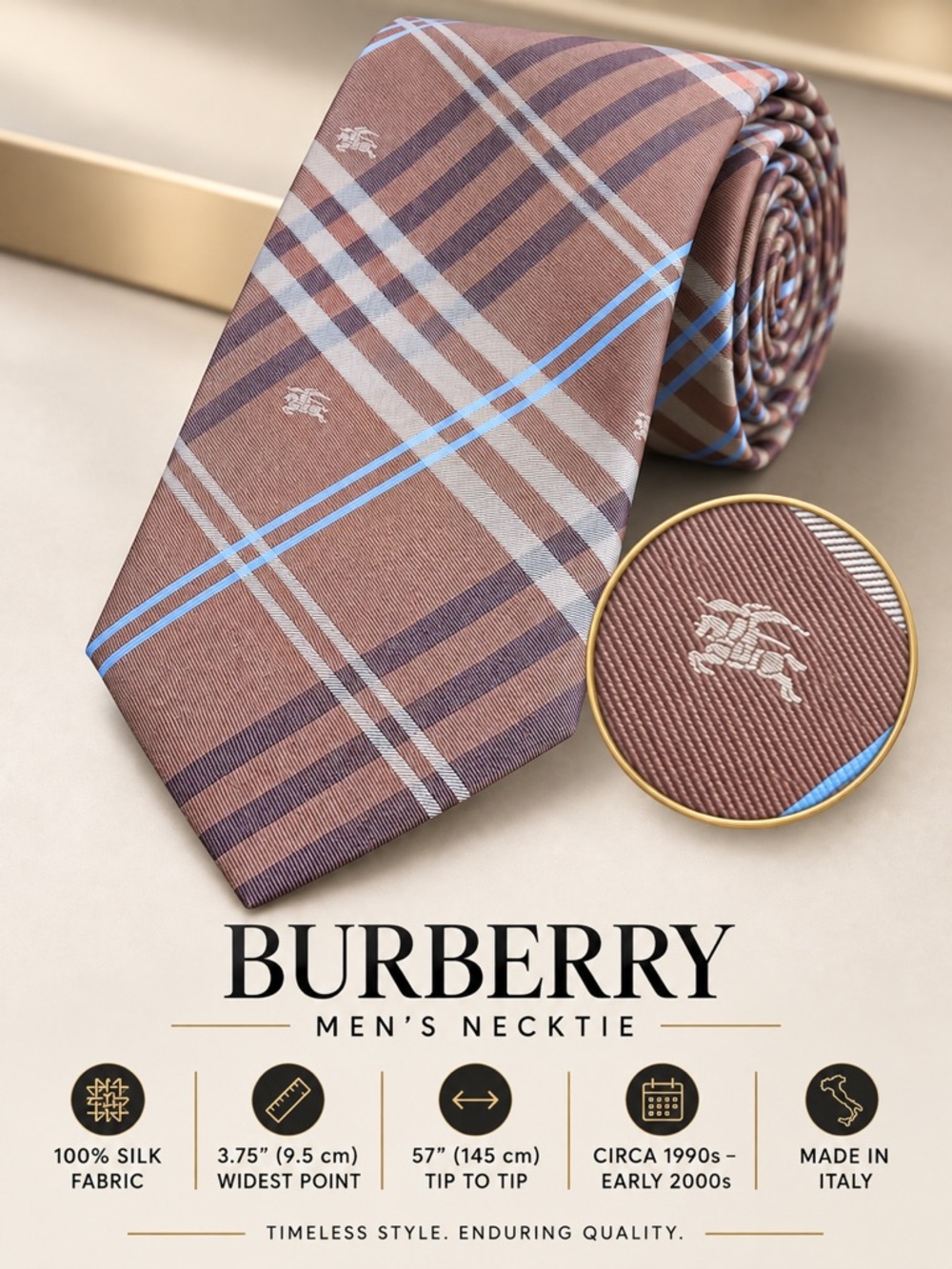 Burberry Brown Plaid Silk Tie with Light Blue Accents 100% Silk